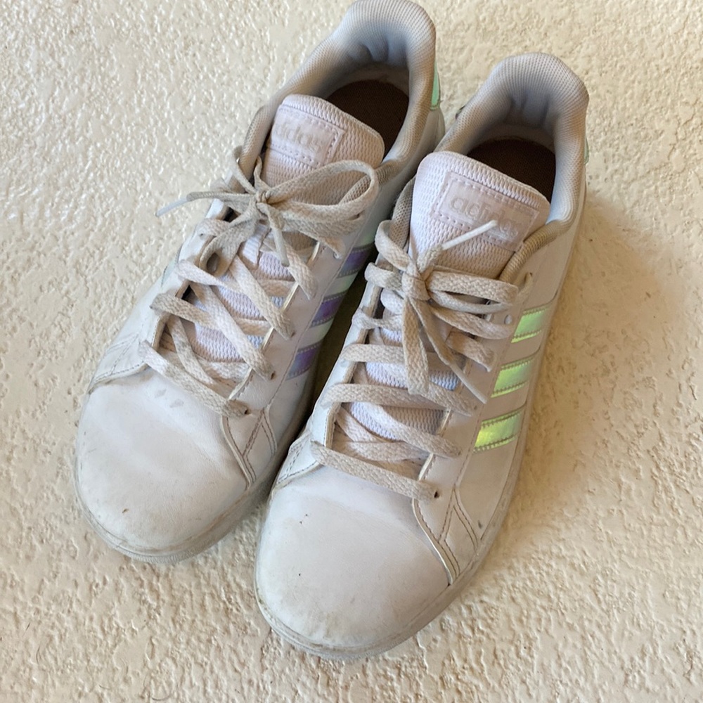 Adidas girls size 4 tennis shoes white and iridescent